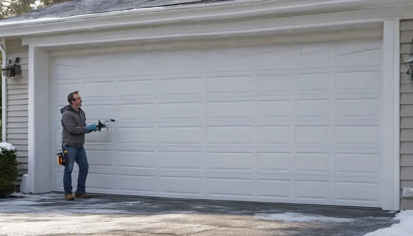 A local provider checking a torsion spring above a residential garage door in Eatontown